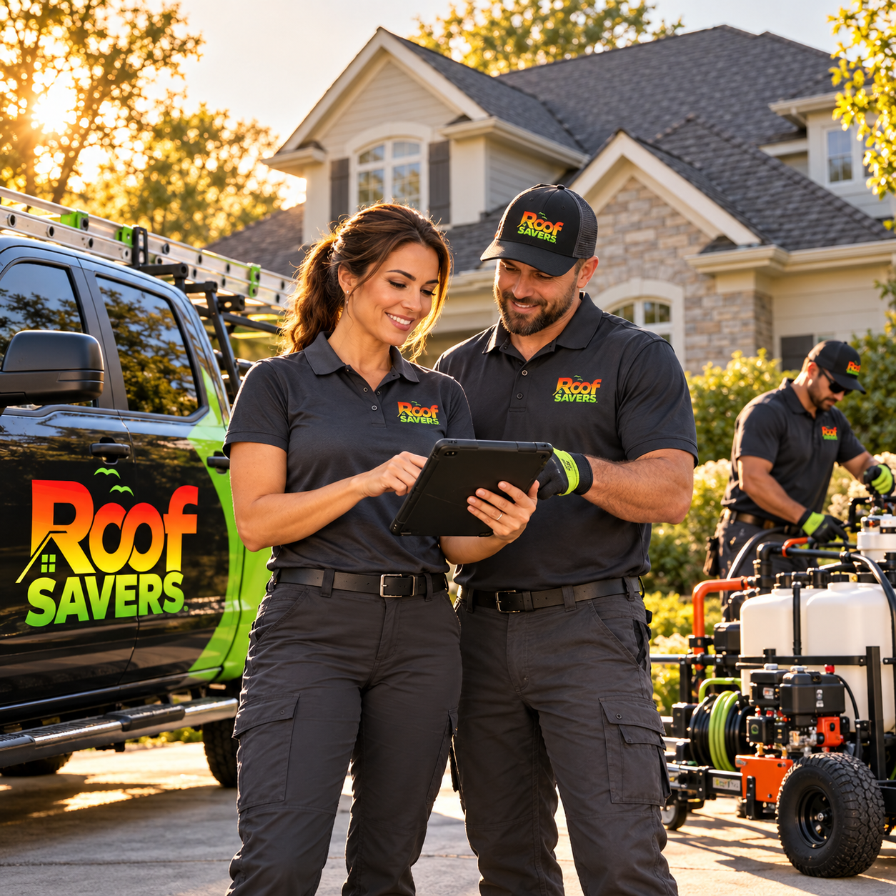 Roof Savers dealer team reviewing an application project beside branded equipment and vehicle