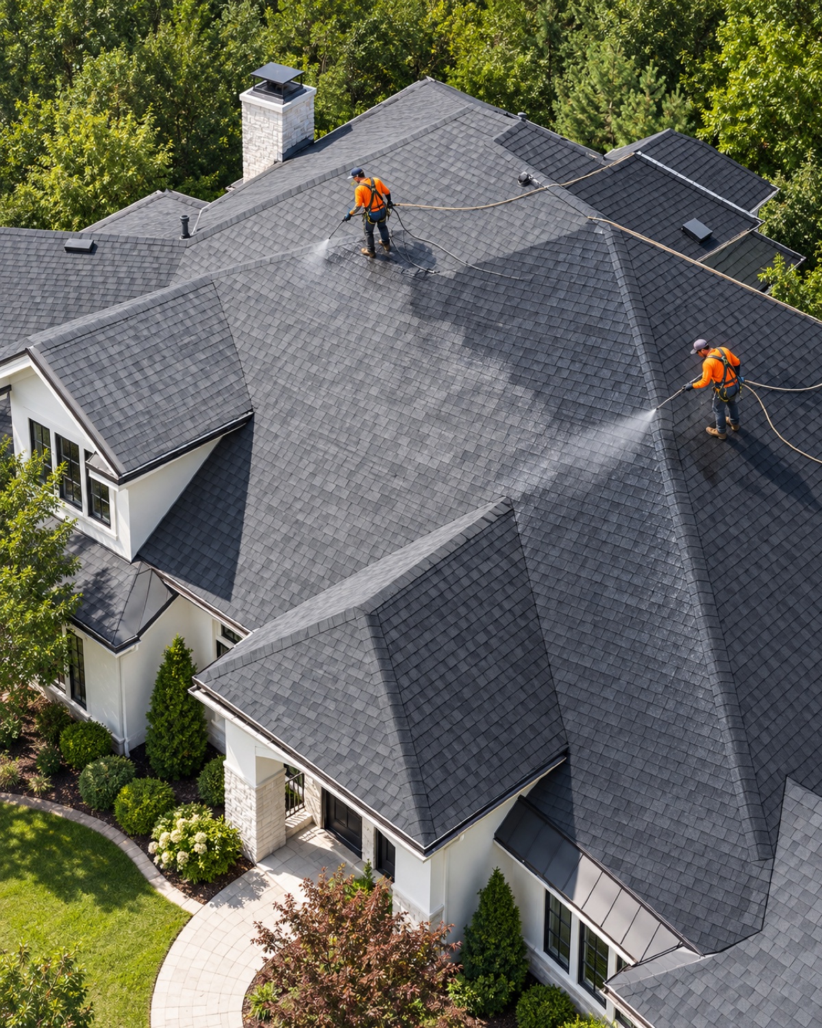 Roof Savers technicians professionally applying roof preservation treatment to an asphalt-shingle roof.