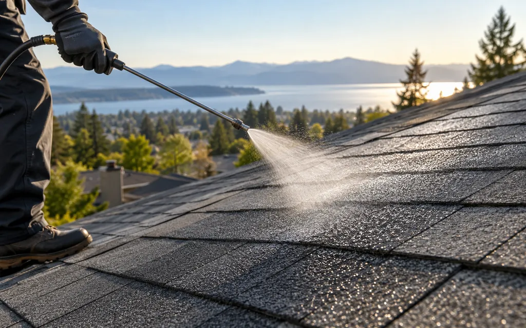 Technician applying a fine roof preservation treatment to asphalt shingles.