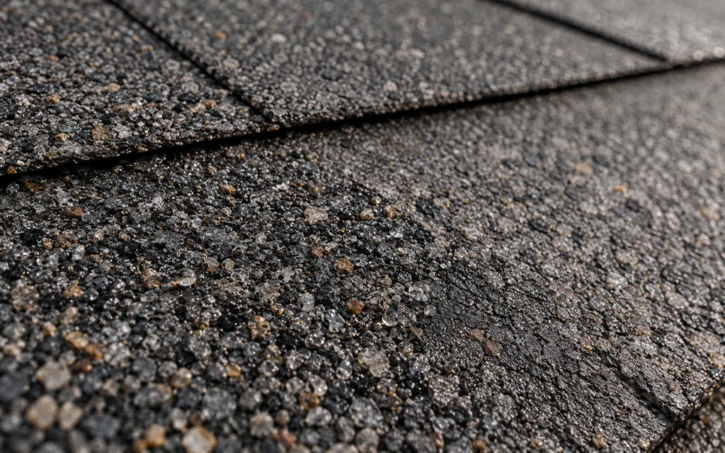 Detailed close-up of the mineral granules and asphalt surface of an architectural roof shingle.