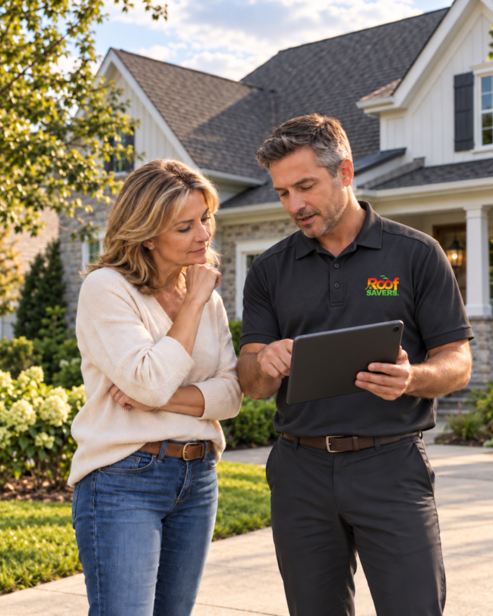 Roof Savers advisor reviewing a roof assessment with a homeowner outside her home.